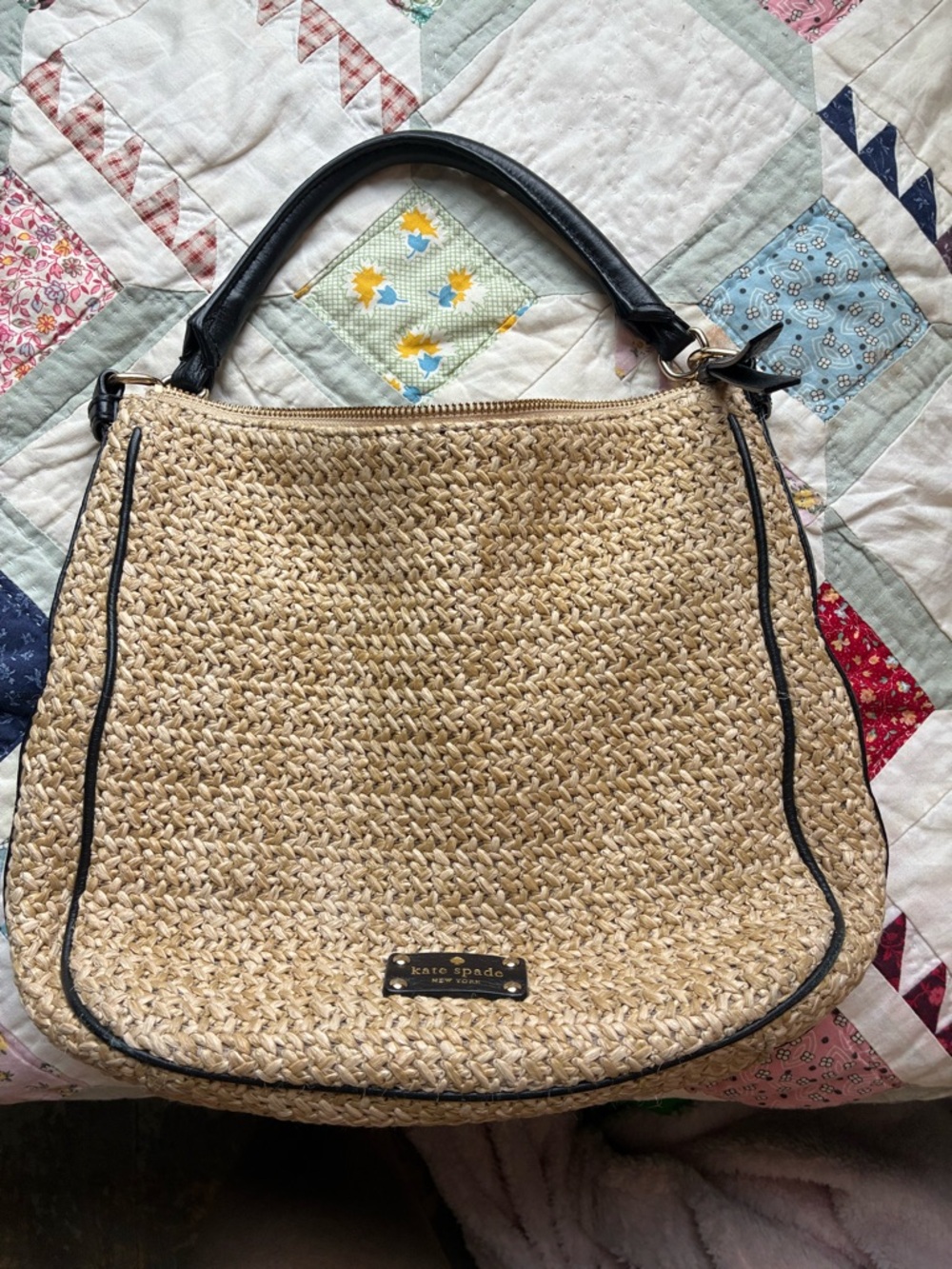 kate spade Natural Straw Shoulder Bag with Black Trim